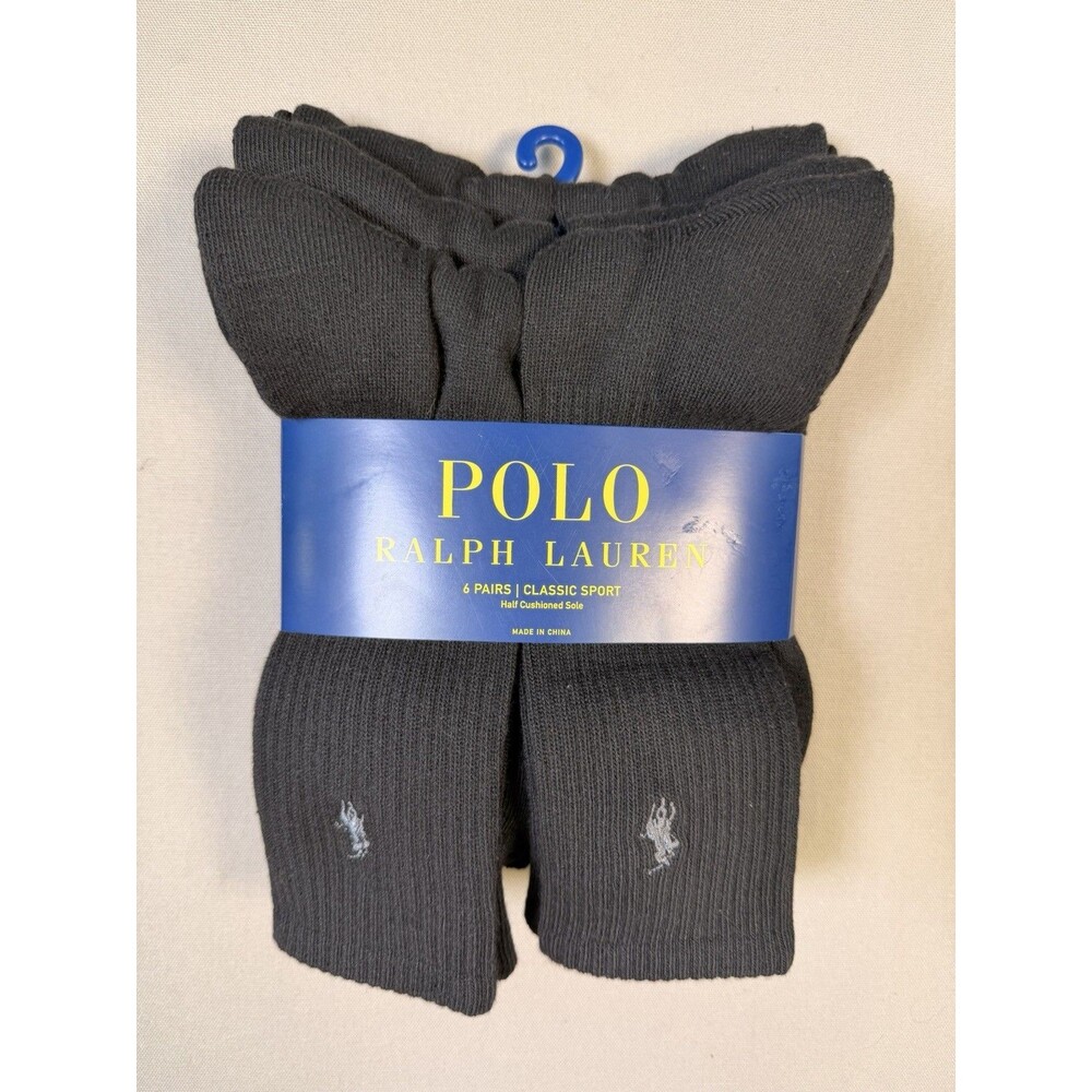 Polo Ralph Lauren Men’s 6-Pack Black Gray Crew Socks Classic Sport Size 10-13